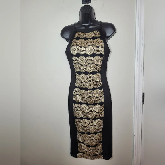 January 7 Dresses & Skirts - January 7 Black and Gold Bodycon Halter Midi Dress sz M